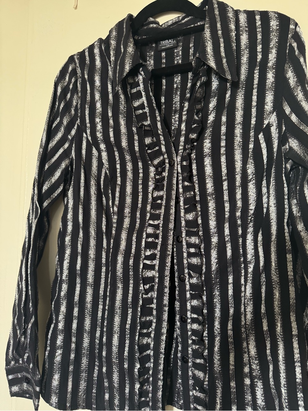 Tribal Black and White Striped Ruffle-Front Button Down Shirt